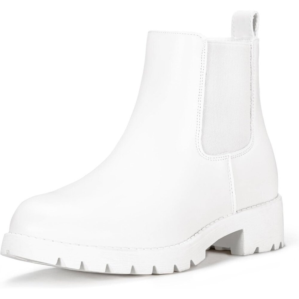 Vepose Women's Allwhite Faux Leather Chunky Heel Chelsea Ankle Pull-On Booties